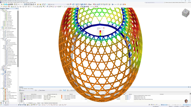 Questa immagine mostra uno screenshot di un software di analisi strutturale RFEM, possibilmente utilizzato per l'ingegneria civile o l'architettura. The main view shows a 3D model of a multi-colored, toroidal lattice structure, where each color likely represents different stress values or materials.